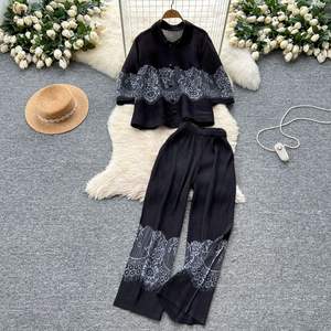 Premium Feeling Pleated Loose Lapel Pressed Pleat Top High Waisted Wide Leg <b>Pants</b> Women's Printed 2 Piece Set Fashion - Product Image 2