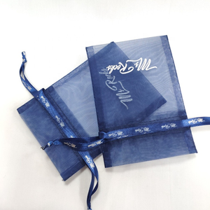 Custom Navy Blue Organza Gift Cosmetic Packaging Drawstring Bags with Logo on Bag and <b>Strings</b> Fuchen Brand Model OP - Product Image 2