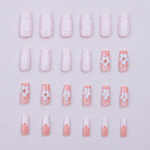 Faux ongles blancs français classiques, motif fleur à cinq pétales en relief 3D, haut de gamme, amovibles, pour manucure DIY - Product Image 3