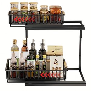 Metal Steel 2pcs 2 Tier Under Bathroom Sink Organizer <b>Shelf</b> Rack 2 Tier Under Sliding Organizer Basket and Storage - Product Image 2