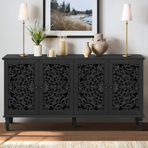 Buffet antique de 60 pouces avec sculptures florales, pieds en bois massif, étagères réglables, meuble TV et rangement - Product Image 4