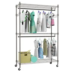 Heavy Duty Rolling Garment Rack 3-Tiers Wire Shelving