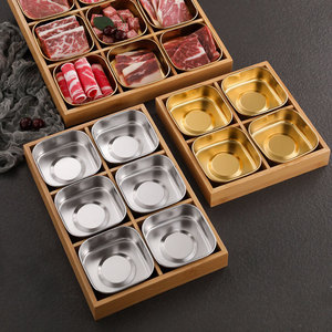 Assiette de cuisine carrée en acier inoxydable à 6 grilles, or et argent Boîte d'assaisonnement pour marmites chaudes Assiette à grille en bois Assiette à sel - Product Image 3