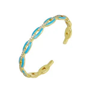 custom fashion jewelry 18k gold brass coffee bean chain shape bangle blue resin enamel zircon open cuff bracelet bangles women