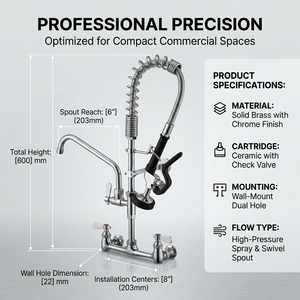Aqua Systems Wall <b>Mounted</b> Kitchen Faucet 2 Handle Pull Out <b>Spray</b> Industrial Style Polished Chrome - Product Image 2