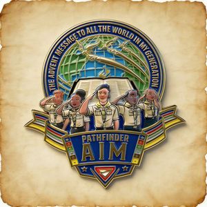 Épinglette personnalisée en émail souple Pathfinder AIM, badge d'uniforme d'église <span class=keywords><strong>SDA</strong></span> en alliage de zinc plaqué or, souvenir de camping en plein air pour Camporee - Product Image 1