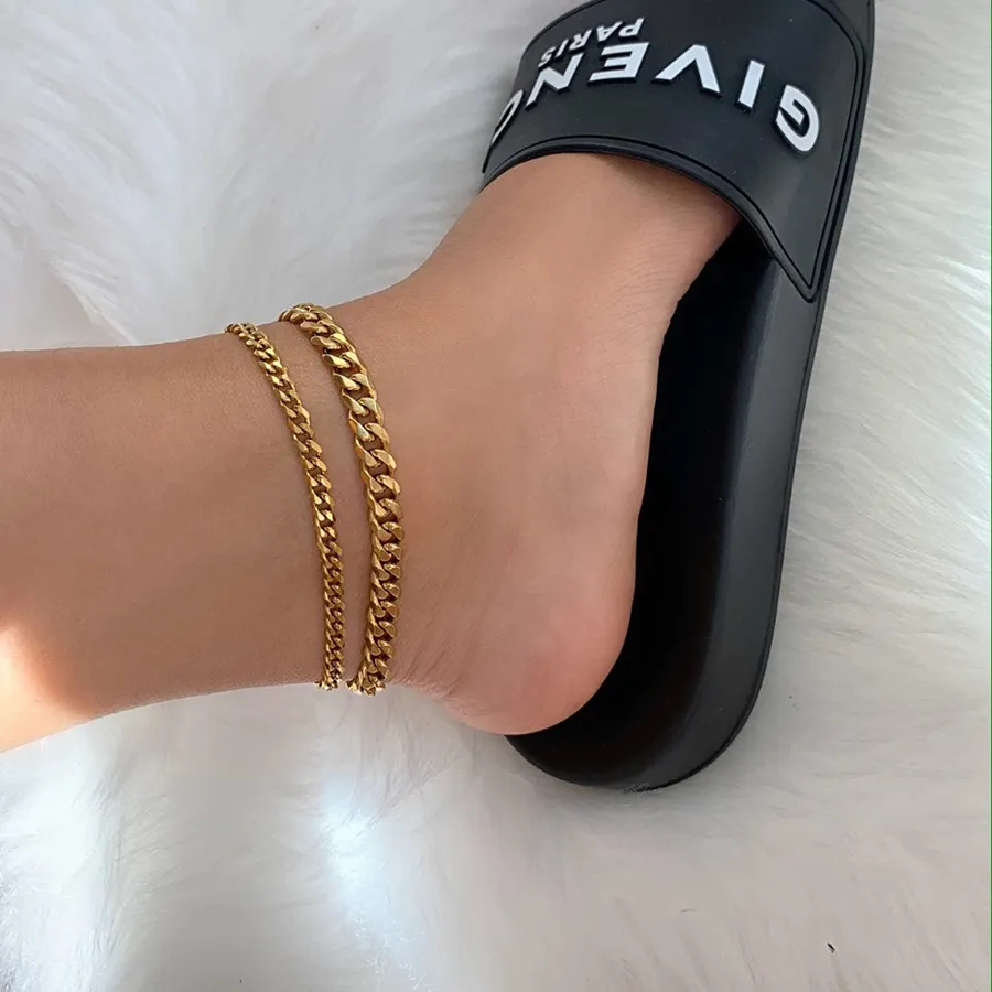trendy jewelry hot selling stainless steel 5/7mm gold curb cuban chain anklet bracelet women statement anklet personalized