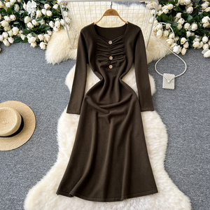 <span class=keywords><strong>Abiti</strong></span> da donna con collo quadrato a scompiglio con bottone <span class=keywords><strong>manica</strong></span> <span class=keywords><strong>lunga</strong></span> e cintura in maglia abito da donna <span class=keywords><strong>al</strong></span> <span class=keywords><strong>ginocchio</strong></span> elegante maglione - Product Image 6