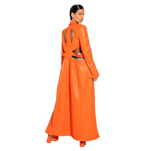 New Design Custom Women Long Coat Orange Long Sleeve Notch Collar Single Button Sexy Waist Cut Out Leather Trench Coat For Daily