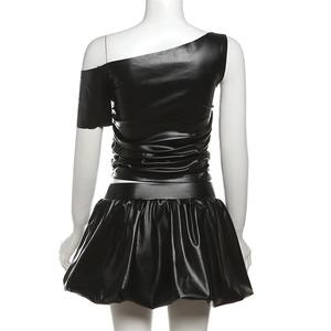 2025 mode été femmes Streetwear mignon Y2k noir PU <span class=keywords><strong>cuir</strong></span> bouffée <span class=keywords><strong>jupe</strong></span> courte 2 pièces ensembles - Product Image 4