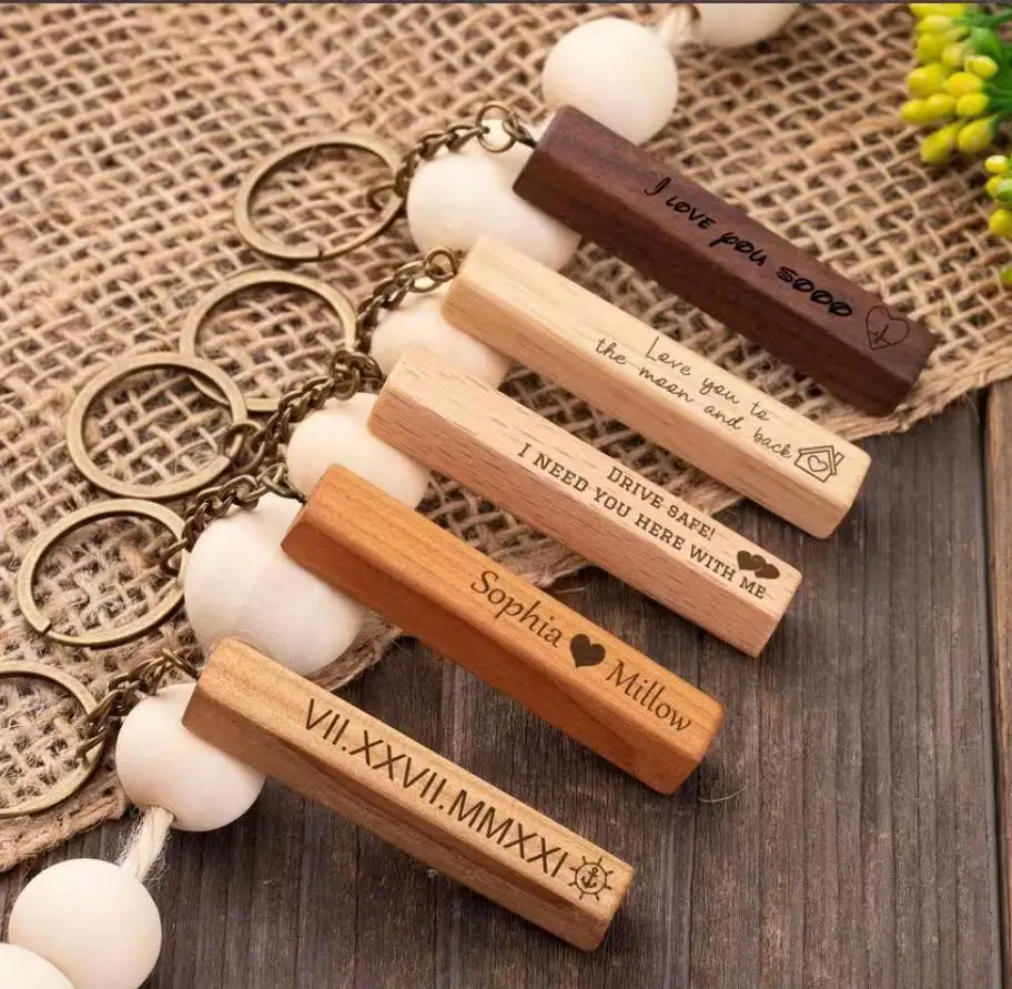 Custom DIY Gifts Handmade Keychain Wooden Key Tag with Split Ring Key Chain