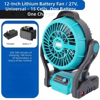 Ventilateur de camping rechargeable 12 pouces avec moteur sans balais au lithium, lumière LED, double alimentation, suspendable ou de bureau, pour extérieur, maison et usage industriel