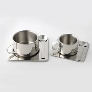 Servies Sets Double Wall Rvs 304 Koffiekopje Metalen Met Lepel En Schotel