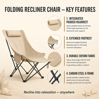 Chaise de camping pliable portable en acier carbone et tissu Oxford avec dossier haut, appui-tête et repose-pieds pour extérieur, plage et pêche