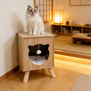 Mobilier pour chats en bois : Condo pour chat d'intérieur fermé, type table de <span class=keywords><strong>chevet</strong></span>, avec boule suspendue et coussin moelleux, multifonction - Product Image 5