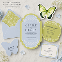 Invitations de mariage bleu vert clair avec papillon, impression de bordure florale, cartes de papeterie de mariage découpées sur mesure