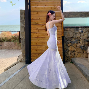 Lace Trim <b>Spaghetti</b> Strap Maxi Dress Pale Purple Blue Printed Mesh Fishtail Summer Beachwear Women's <b>Long</b> Dress - Product Image 5