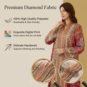 ชุดเดรสยาวพิมพ์ลายสีแดงสไตล์อิสลามประดับด้วยคริสตัล - Product Image 3