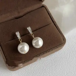 Koreanische Mode Schmuck Party Mädchen einfache Accessoires Elegante Silber Nadel Post Zirkon Perle baumeln Ohrringe für Frau