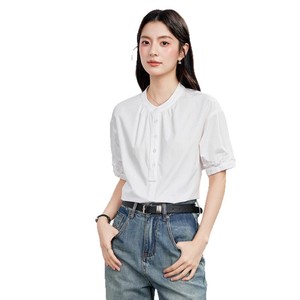 Women's Blue Stand Collar Shirt Short Sleeve Breathable Office Wear 3D Cutting Simple Design Professional Top - Product Image 5