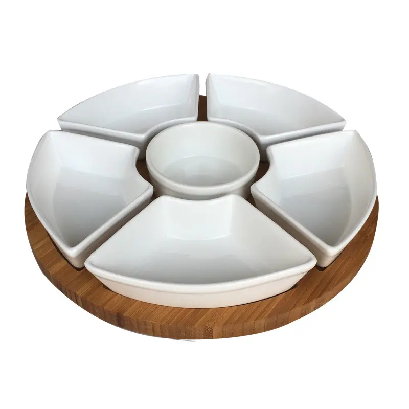 japanese Pure white porcelain fruit tray bamboo wood tray turntable divided plate ceramic square round