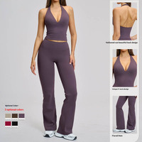 Ensemble 2 pièces FANCO pour femme : Tenue de sport, yoga, survêtement, haut court à col halter et pantalon évasé taille haute