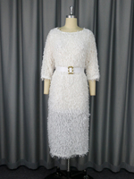 Robes de bureau pour femmes, col rond, manches trois quarts, ceinture, plumes