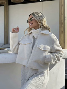 Jaket Wanita Berkualitas Tinggi, <span class=keywords><strong>Cardigan</strong></span> Pendek Kasual, Ritsleting Modis, Longgar, Tebal, Mantel Crop Musim Dingin untuk Wanita - Product Image 4
