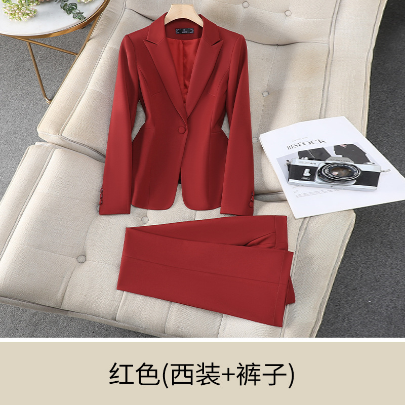 Red suit with slightly flared trousers