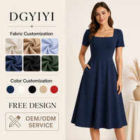 Robe midi en coton mélangé à col carré et manches courtes, coupe trapèze, bleu marine, décontractée, personnalisable avec logo OEM pour femme