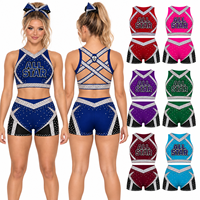 Ensemble d'entraînement de cheerleading OEM All Star avec cristaux AB scintillants, soutien-gorge bleu roi et noir, short taille haute, tenue d'entraînement pour équipe universitaire