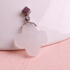 HKJA Natural White Jade Four Leaf Clover Pendant 925 Sterling Silver Jadeite Lucky Pendant for Women - Product Image 1