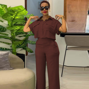 Ensemble d'Été <span class=keywords><strong>Chic</strong></span> <span class=keywords><strong>Femme</strong></span> <span class=keywords><strong>Africaine</strong></span> Deux Pièces <span class=keywords><strong>Tenue</strong></span> Chemise à Manches Courtes Col Revers Pantalon Large Élégant Costume d'Été de Bureau pour <span class=keywords><strong>Femme</strong></span> - Product Image 2