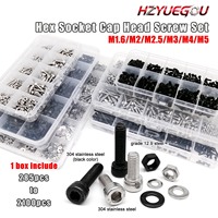HZYUEGOU Mix M1.6 M2 M2.5 M3 M4 M5 Set Kit Allen Hexagon Hex Socket Cap Head Screw Bolt Nut Washer Hitam 304 A2 Baja Tahan Karat