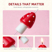 Adorables bougies d'anniversaire en forme de champignon, décorations rouges et blanches à pois pour la table de desserts de la fête de naissance