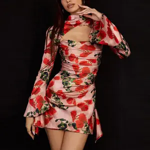 Vacation Hollow Out Flare Sleeve Custom Dress Ladies Clothes Mature Floral Print Satin Women Casual Summer Dresses