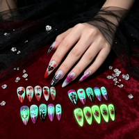 Boîte de rangement à 4 compartiments pour faux ongles Halloween à presser, impression 3D, phosphorescents, longs, forme Stiletto, style gothique, pour déguisements de fêtes