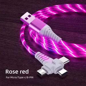 3 in 1 LED Glow Flowing Charger usb led cable Micro USB Type C 8 Pin Charging all in one Cable