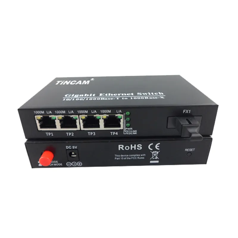 Conversor de mídia de fibra óptica TiNCAM Gigabit 1 Fibra e 4 portas RJ45 de modo único conversor de Ethernet SC de fibra dupla para comutar