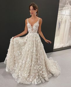 Robe de mariée en dentelle 3D pour femmes, bretelles Spaghetti, appliques en dentelle, robe trapèze, collection <span class=keywords><strong>2022</strong></span> - Product Image 3