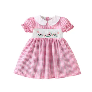 Girls' dress Summer new children's plaid Princess dress watermelon embroidery pattern puffle-sleeve skirt wrap cotton