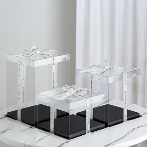 Tall Plastic Transparent Square Rigid Cake Packaging Box With Clear Cover