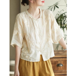 Traditional Chinese Style Embroidered Shirt Women Apricot Pink Loose Fit Summer Cotton Linen Top Open Front Button Closure - Product Image 2