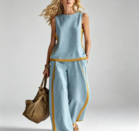 Ensemble deux pièces d'été décontracté pour femme en polyester et lin de bambou, avec gilet sans manches et pantalon large contrastant