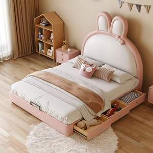 2026 고급 가죽 어린이 침실 가구 토끼 만화 침대 디자인 가죽 소녀 공주 침대 소년용 - Product Image 1