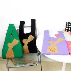 HANGAI Factory Fashion Rabbit Jacquard Lattice Crochet Handbag Women Wool Shoulder Bag Knitted Tote Bag
