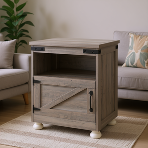 Table d'appoint grise de style farmhouse moderne avec rangement, étagère ouverte, pieds en bois, meubles de salon - Product Image 2