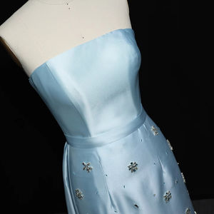 Jancember LSZ013 豪华天蓝色晚礼服缎面立柱串珠舞会礼服带拖裾派对 - Product Image 5