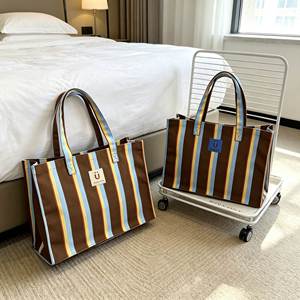 Wholesale Striped Cotton <b>Canvas</b> Tote Bag Large Capacity Color Stripe Print Beach Bag Eco Friendly Reusable Shopping <b>Handbag</b> - Product Image 6
