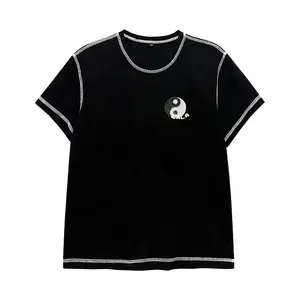 High Quality Cotton Black T Shirt White Stitching Custom Logo Puff Printing Contrast Stitching Shirts